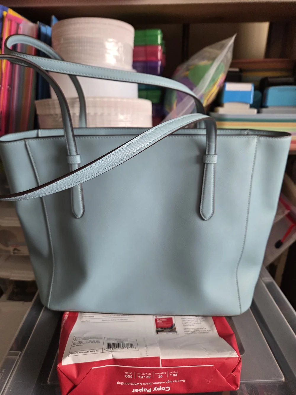 kate spade light blue leather tote with luggage tag